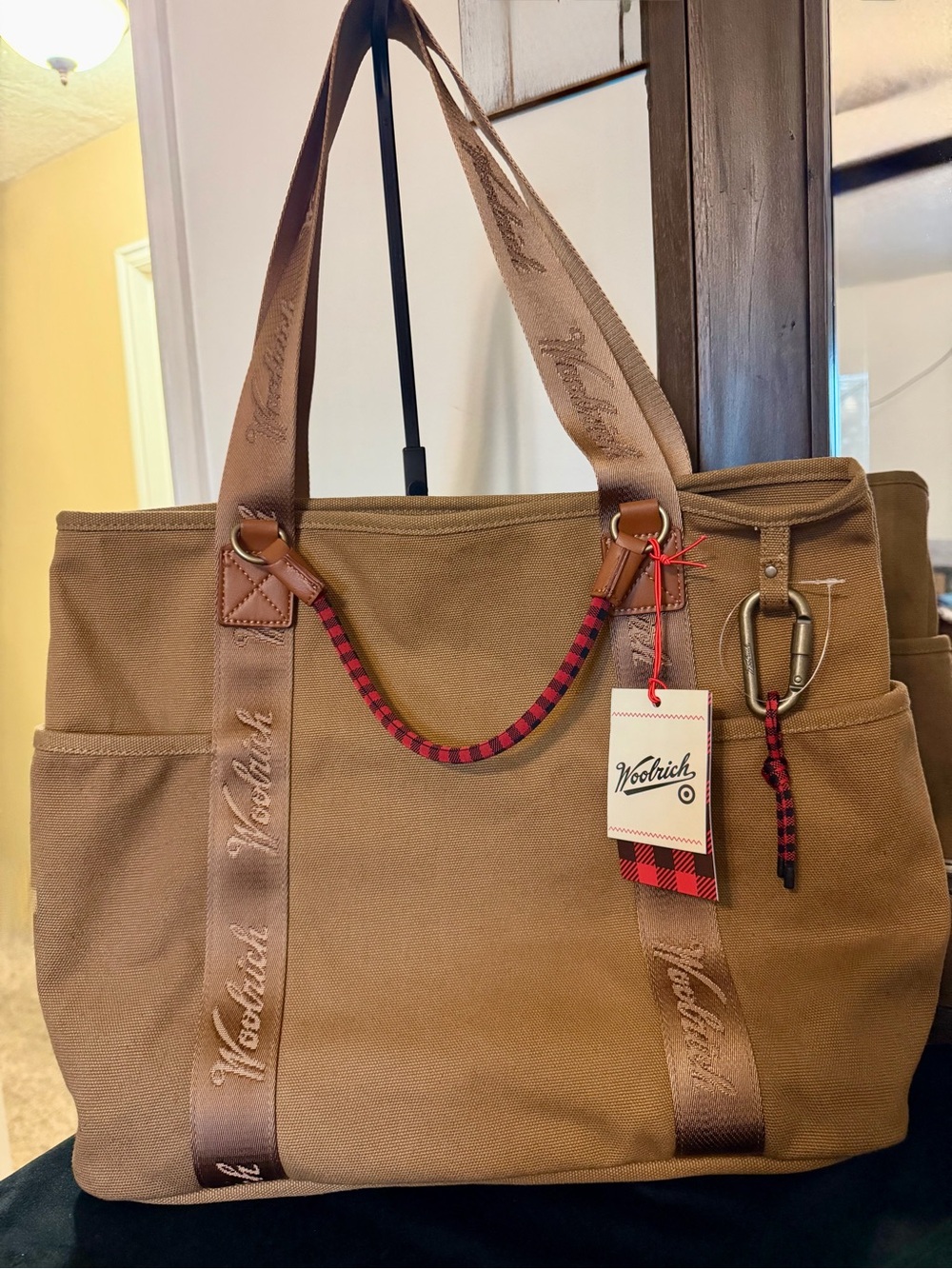 Woolrich Tan Canvas Tote with Red-Black Plaid Accents
